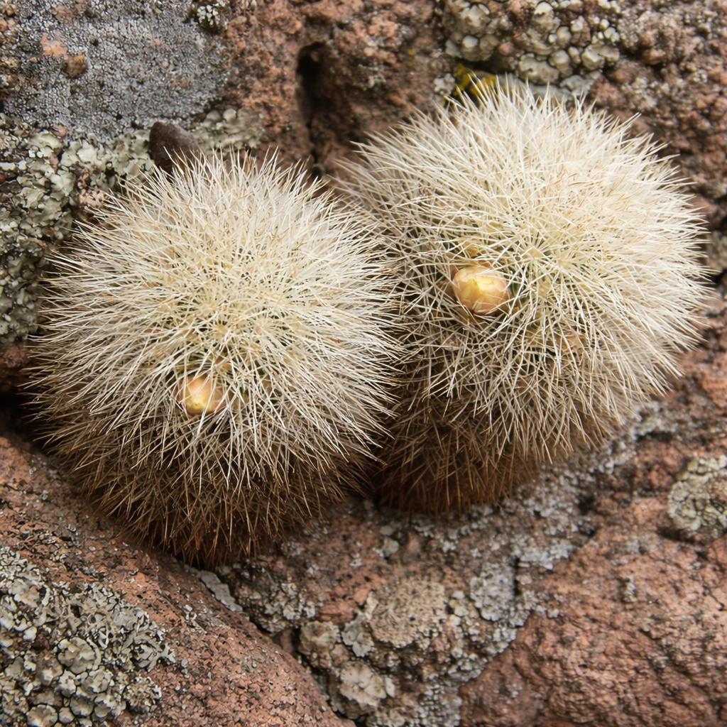 Mammillaria densispina cactus with dense white spines and small yellow flower buds on rocky surface