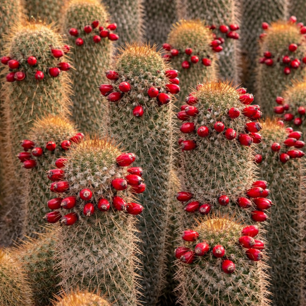 Cactus Mammillaria eriacantha con spine dense e grappoli di frutti rossi vivaci