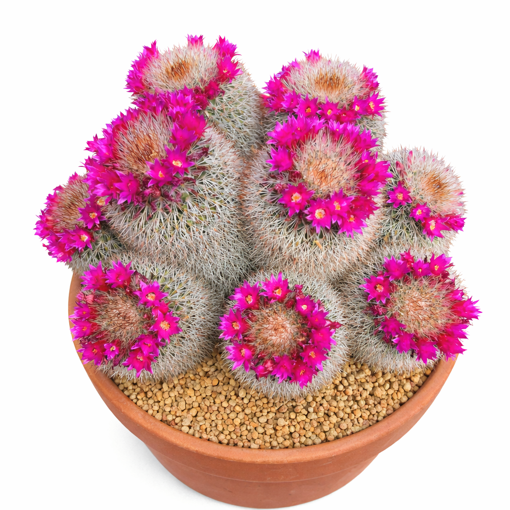 Mammillaria gasterantha cactus raggruppato con spine bianche fitte e fiori con anello rosa acceso in vaso di terracotta