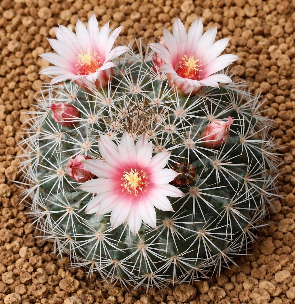Mammillaria goodrichii cactus rare avec épines blanches et fleurs blanches au centre rose