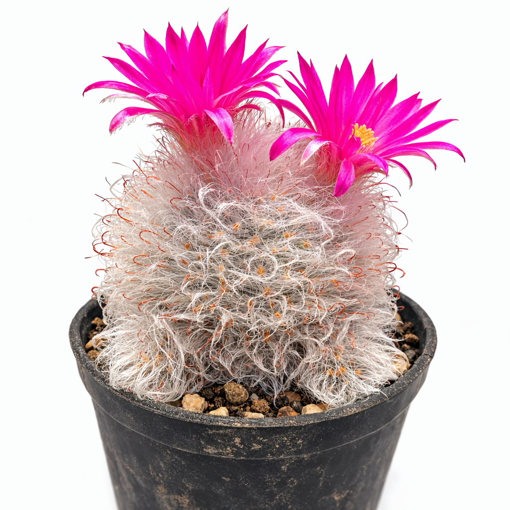 마밀라리아 꿀초비아나 희귀 선인장, 흰 가시와 밝은 분홍색 꽃, 검정 화분 담김