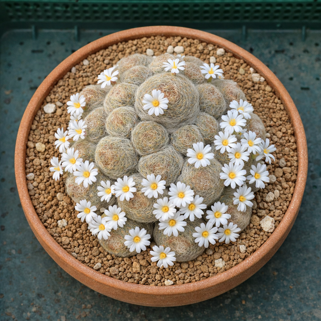 Mammillaria lenta klynge-kaktus med hvite blomster i terrakottakrukke sukkulent plante