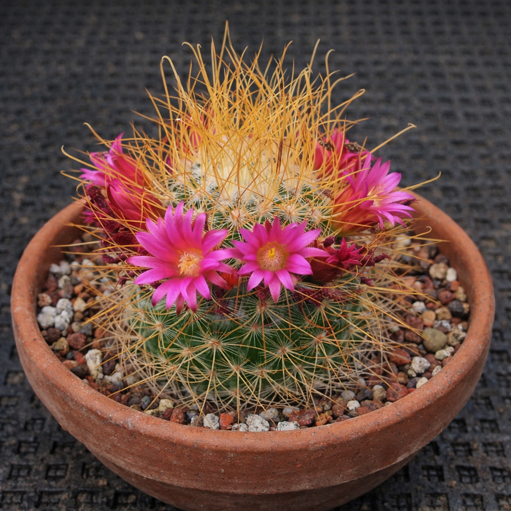 Kaktus Mammillaria leptacantha med gyldne torner og knallrosa blomster i terrakottapotte
