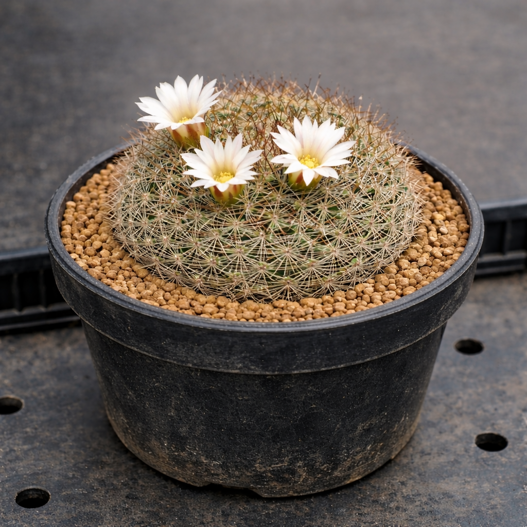 Petit cactus rond Mammillaria schmollii avec fleurs blanches dans un pot noir