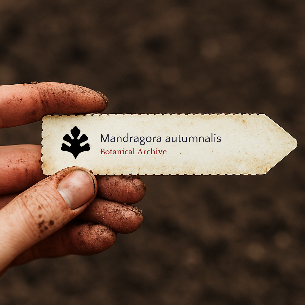 Printed plant label for Mandragora autumnalis held by dirty hand over soil background
