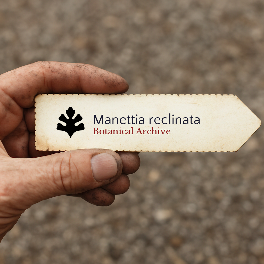 Printed plant label for Manettia reclinata held by hand with dirt background