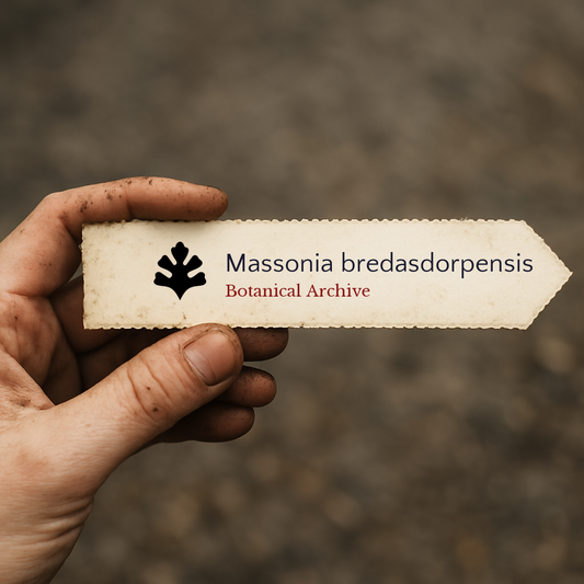 Handheld vintage botanical archive label for Massonia bredasdorpensis plant identification