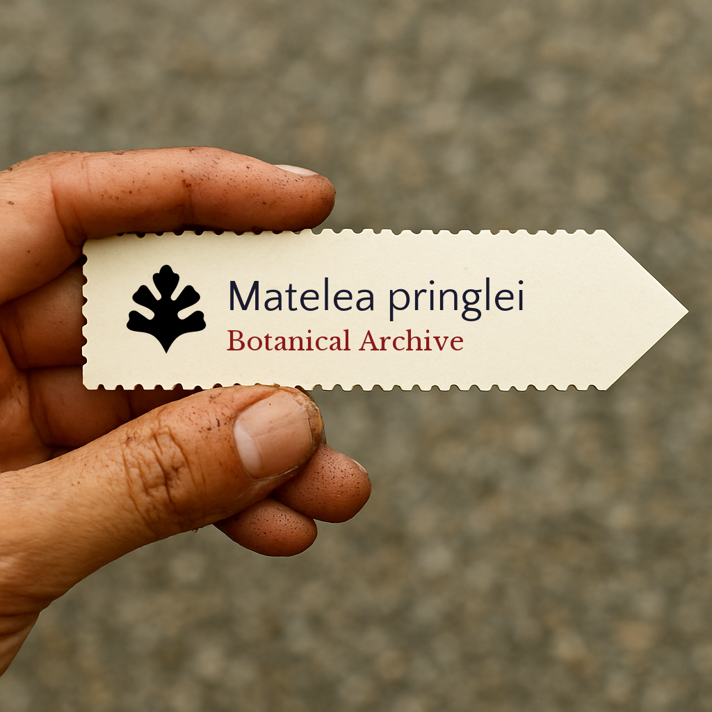 Printed plant label for Matelea pringlei held by a dirt-stained hand outdoors