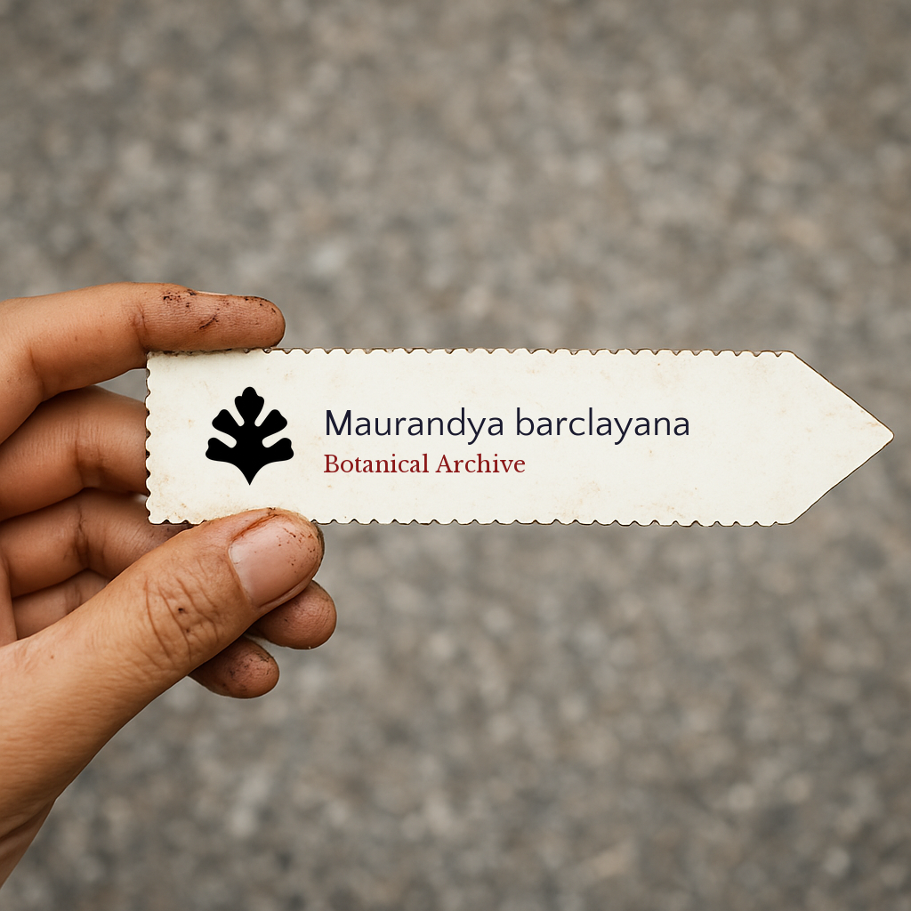 Printed plant label for Maurandya barclayana with botanical archive logo held by hand