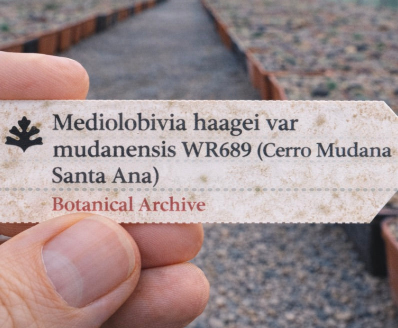 실외 묘목장 환경에서 사용되는 메디오로비비아 하아게이 품종 무단엔시스 식물 프린트 라벨