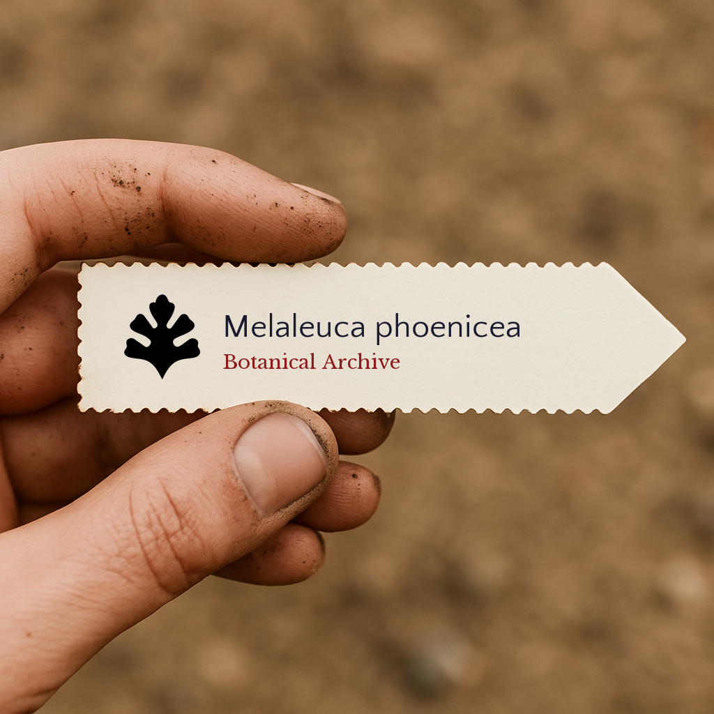 Printed plant label for Melaleuca phoenicea held by dirty hand against soil background
