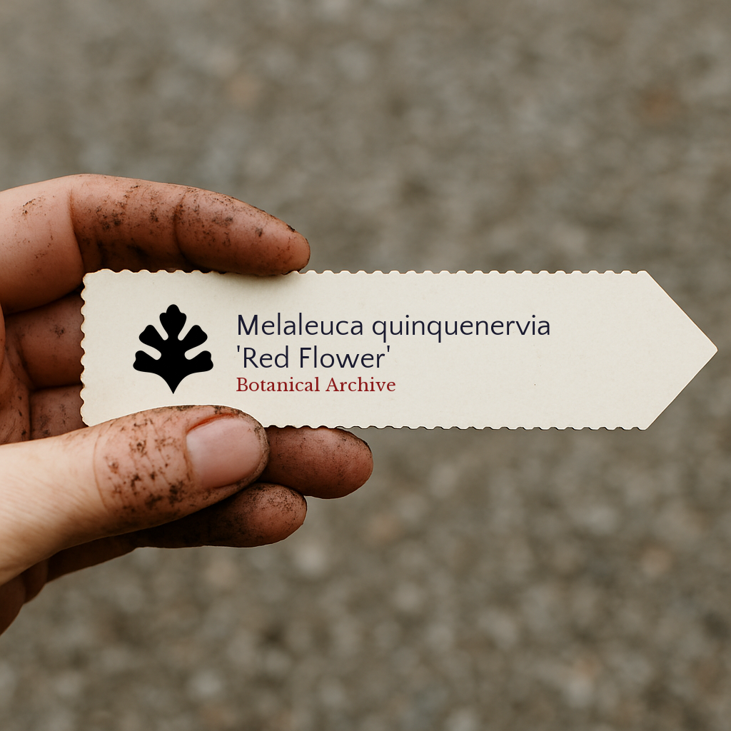 Printed plant label for Melaleuca quinquenervia 'Red Flower' held by dirty hand
