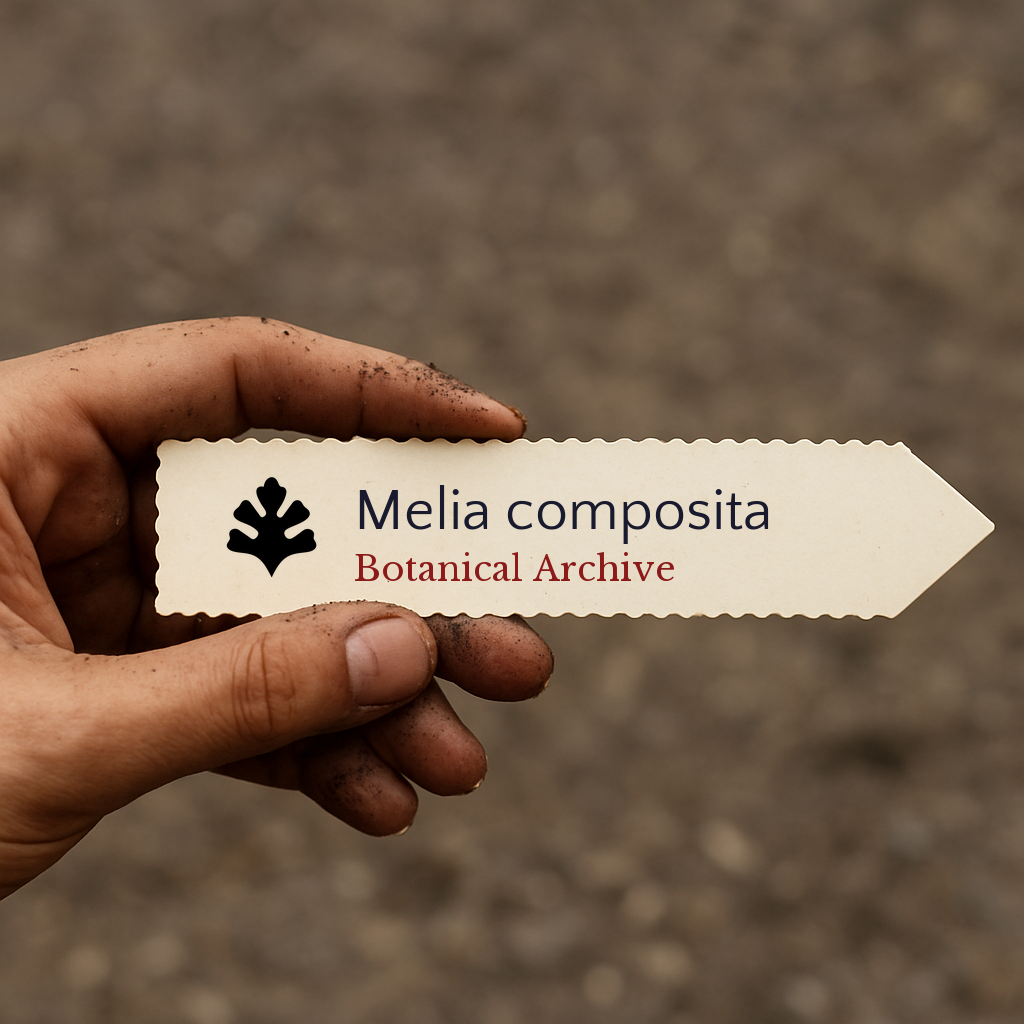 Printed plant label for Melia composita held by dirty hand against soil background