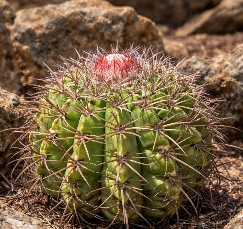 Melocactus pachyacanthus sjelden kaktus med tykke pigger og rød cefalium på steinete jord