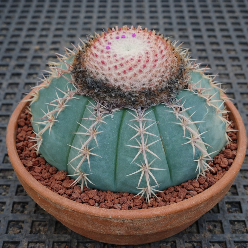 멜로카투스 폴리아칸투스 희귀 선인장, 줄무늬가 있는 녹색 몸체와 분홍색 솜털 머리부를 테라코타 화분에 담음