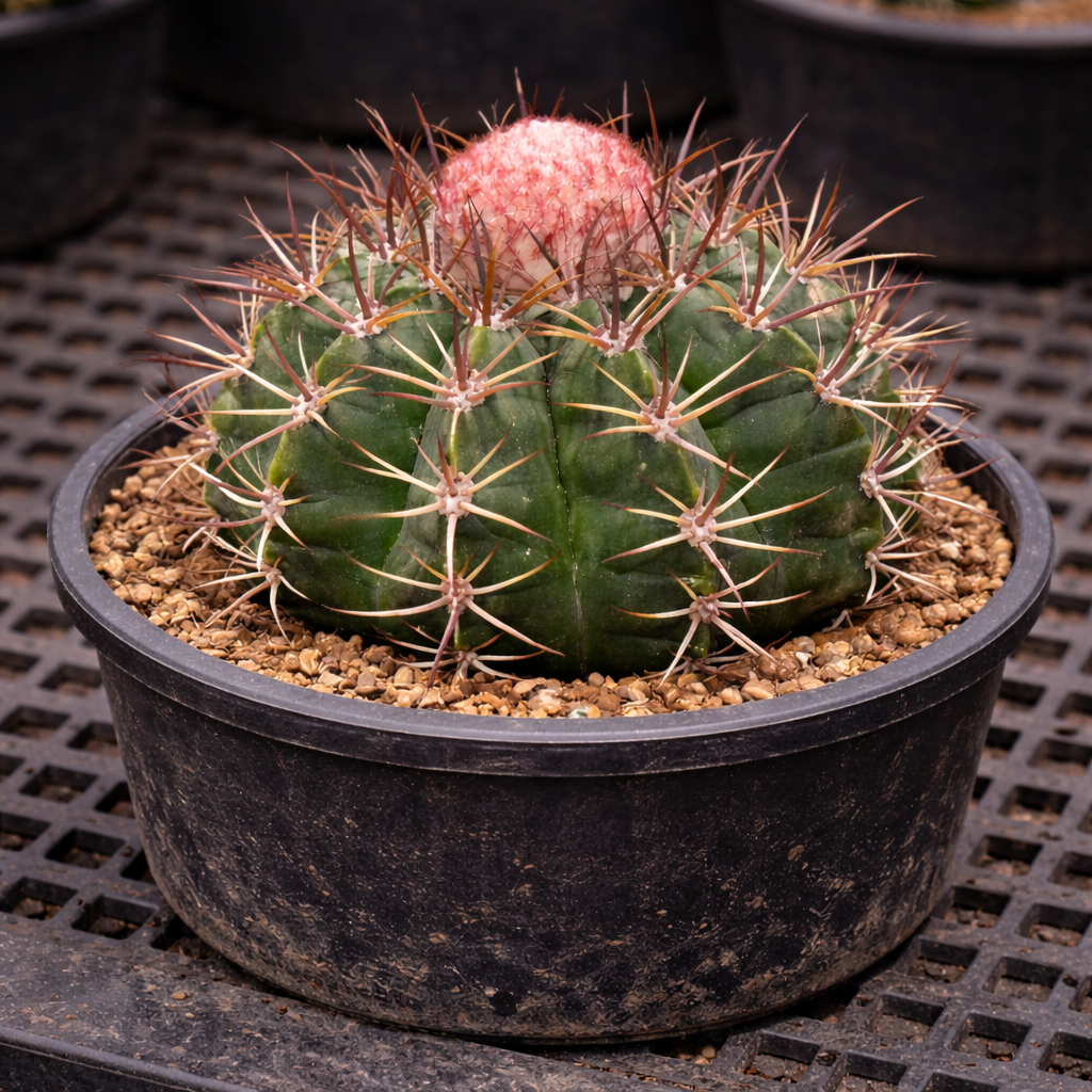 멜로카투스 슐츠이아누스 희귀 선인장, 분홍색 세팔리움과 긴 가시가 있는 검은 화분