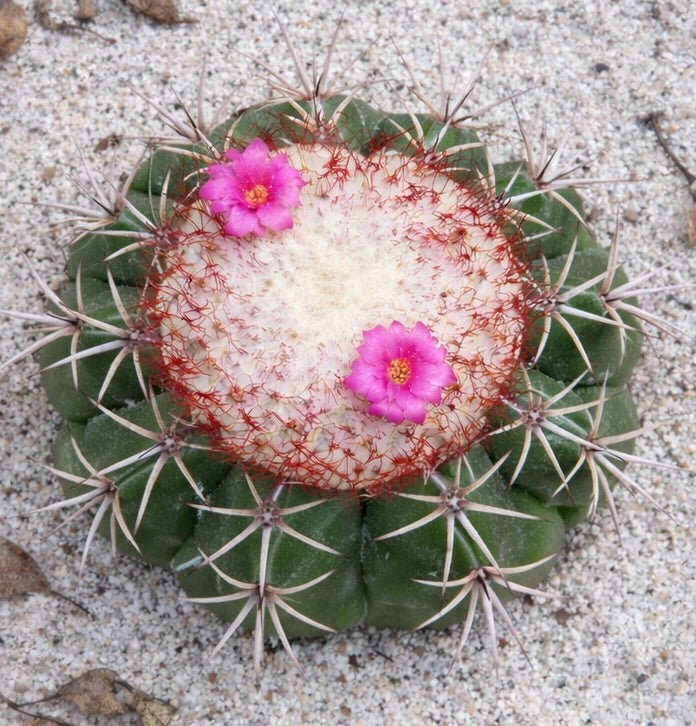 멜로카투스 비올라케우스 희귀 선인장, 흰색 세팔리움과 생생한 분홍색 꽃