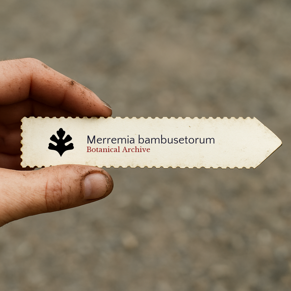 Printed plant label for Merremia bambusetorum with botanical archive logo held by hand
