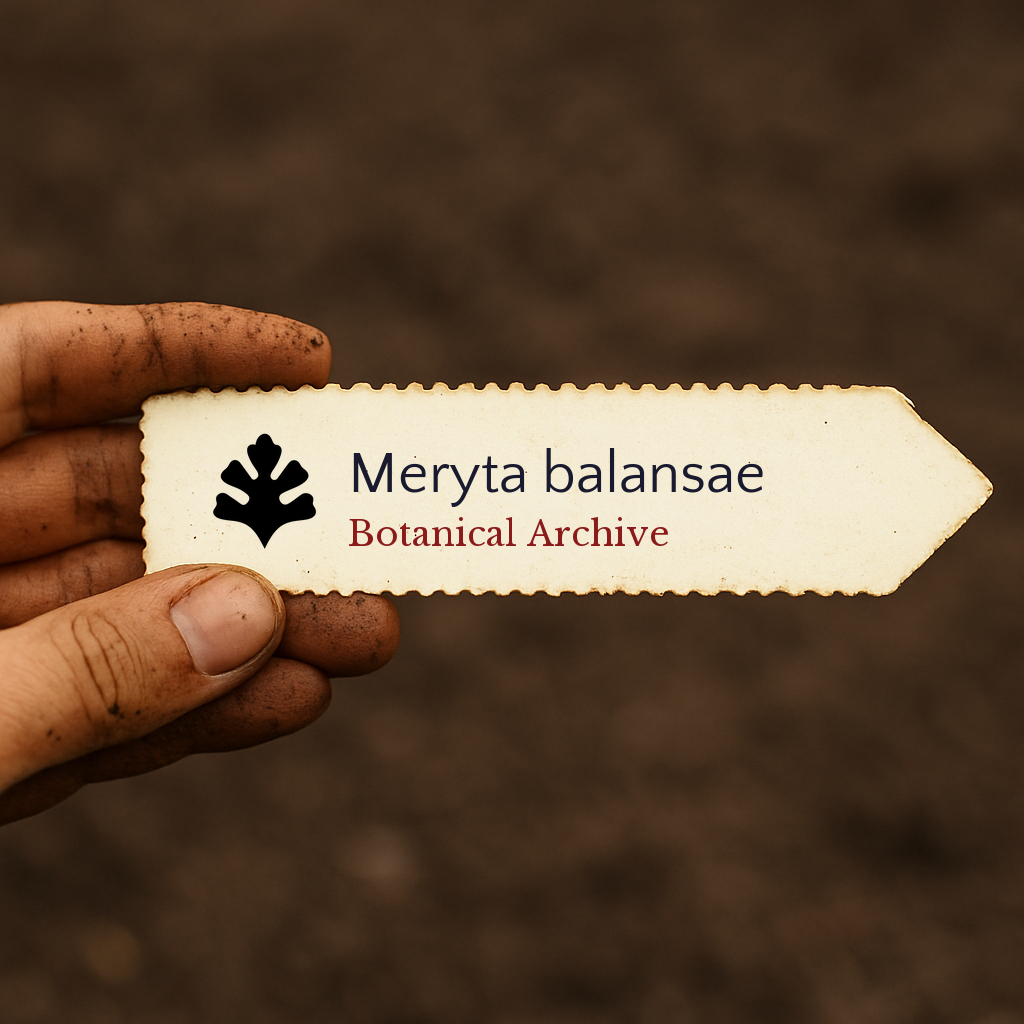 Printed plant label for Meryta balansae with botanical archive logo held by hand