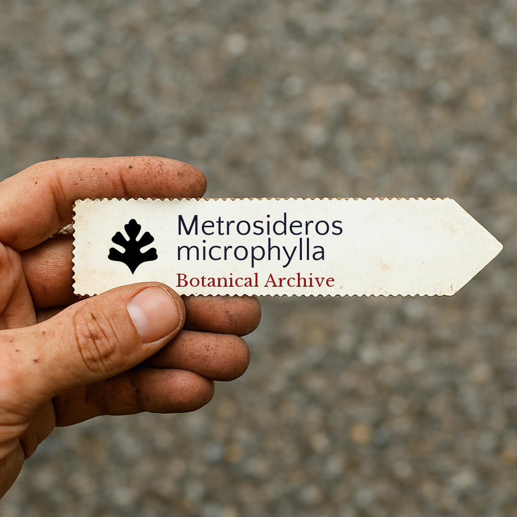 Printed plant label for Metrosideros microphylla with botanical archive text held by hand