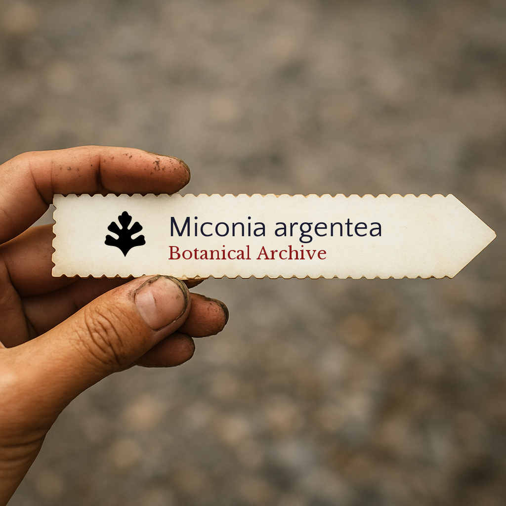 Printed plant label for Miconia argentea with botanical archive text held by hand