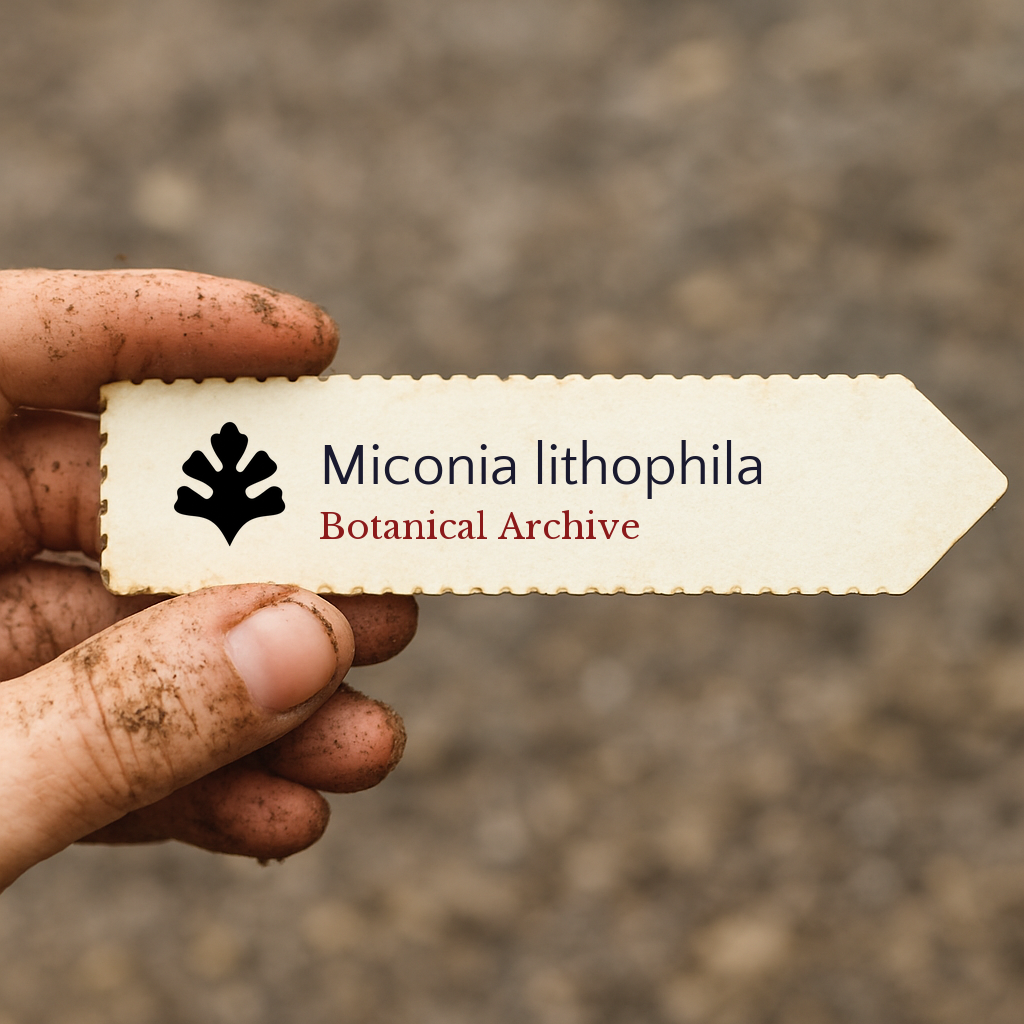 Etiqueta de planta impresa para Miconia lithophila sostenida por una mano sucia al aire libre