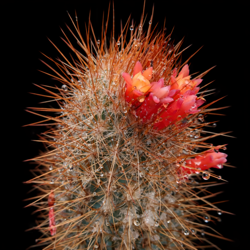 Micranthocereus auri-azureus cactus with orange spines and vibrant red-orange flowers with water droplets