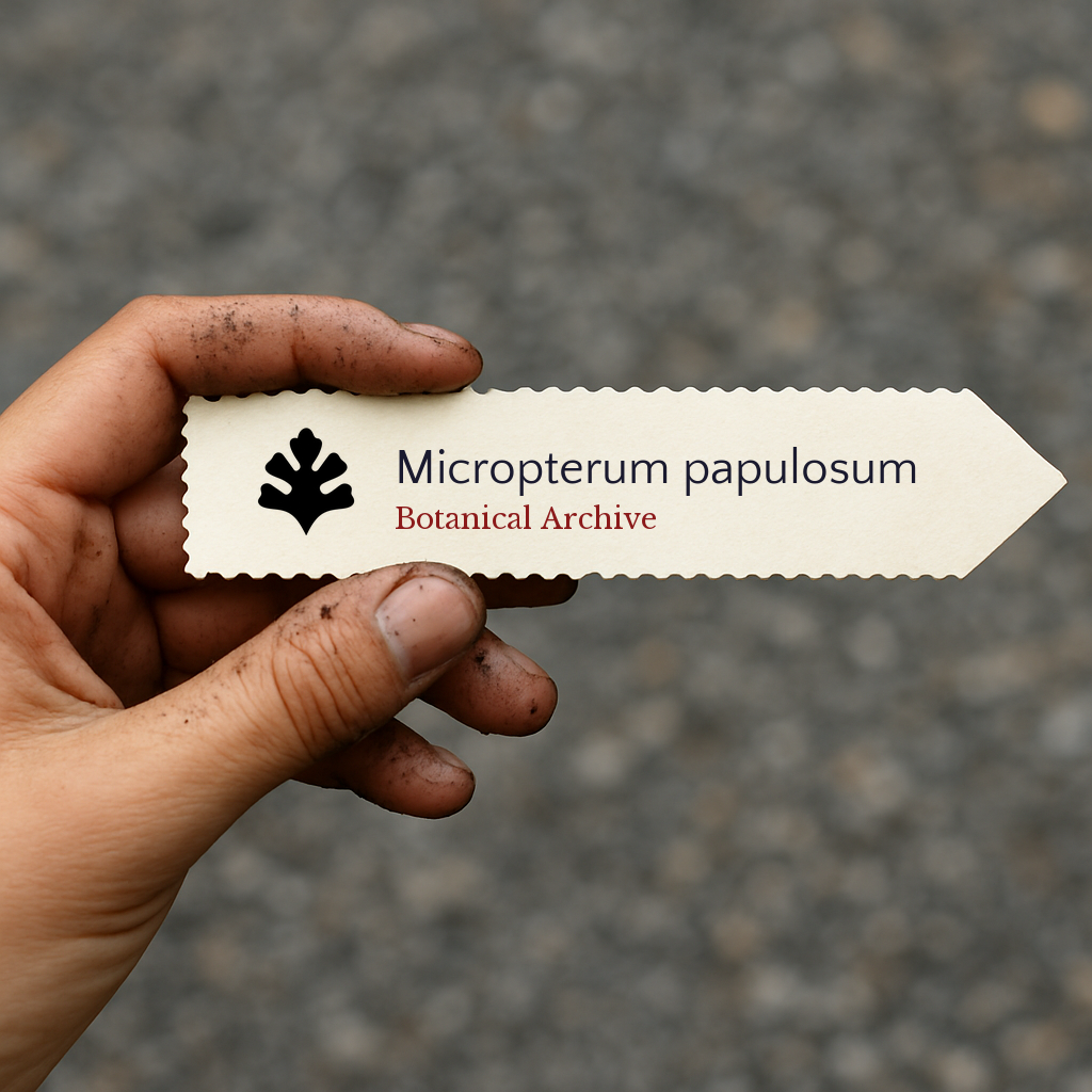 Printed plant label for Micropterum papulosum with botanical archive logo held by dirty hand