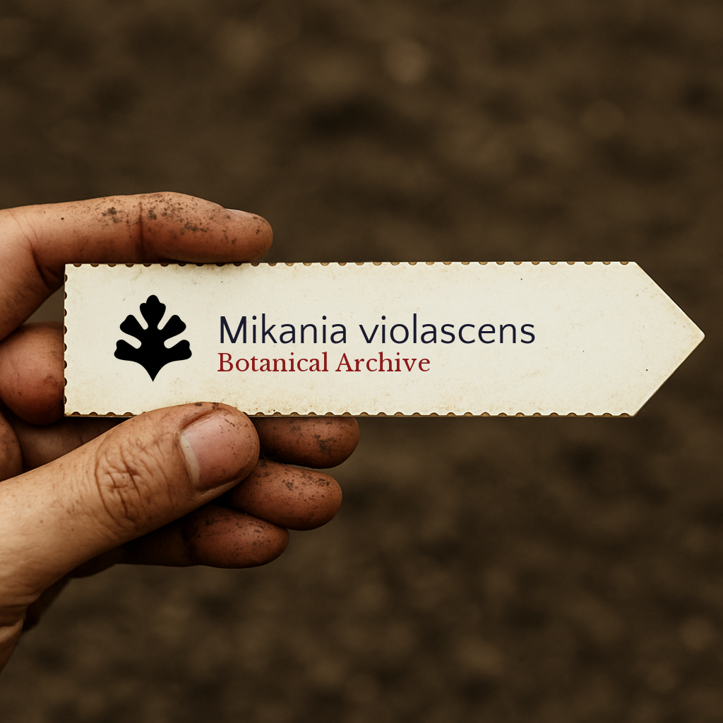 Printed plant label for Mikania violascens held by dirty hand over soil background