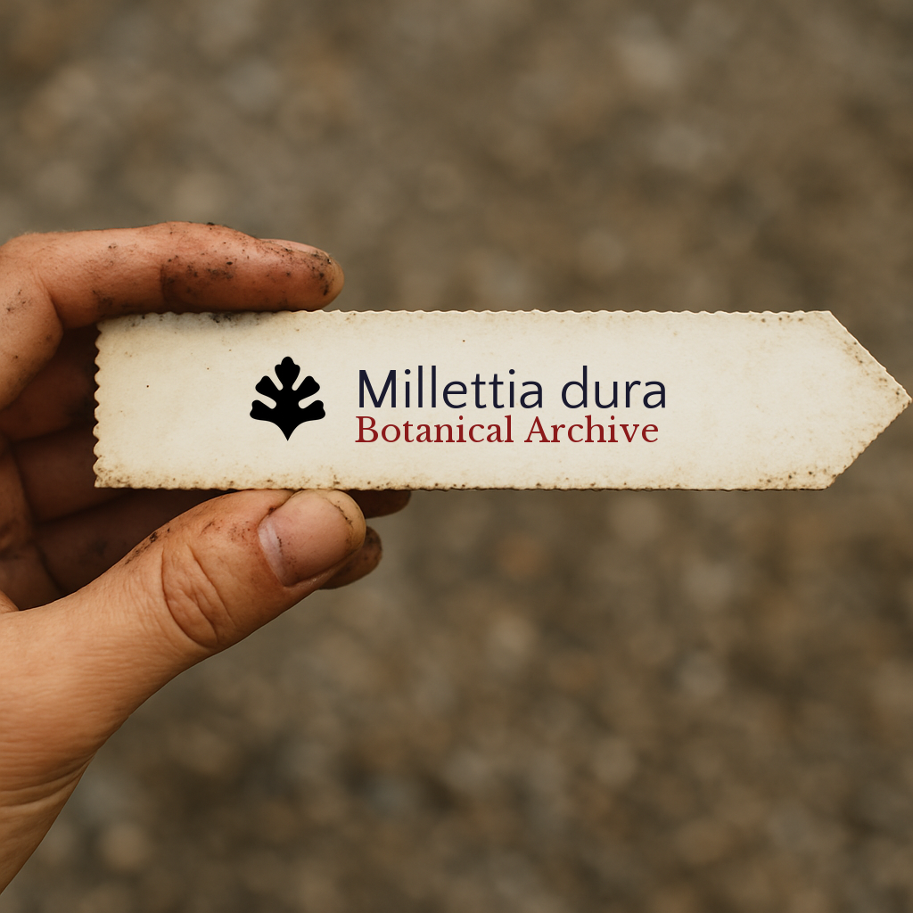 Printed plant label for Millettia dura held by dirty hand with blurred background