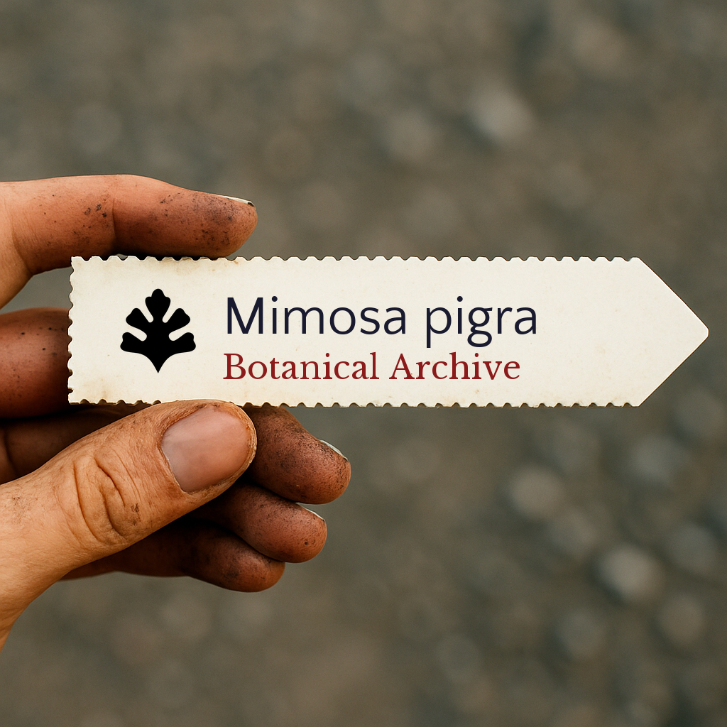 Printed plant label for Mimosa pigra held by dirty hand against blurred background