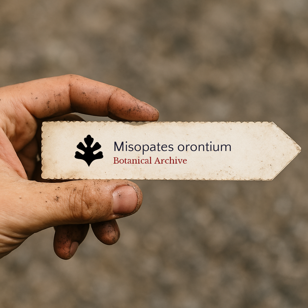 Printed plant label for Misopates orontium held by dirty hand outdoors