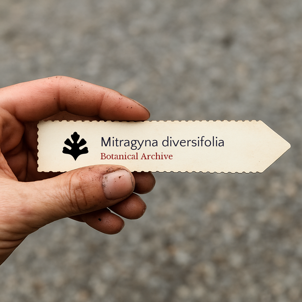 Printed plant label for Mitragyna diversifolia held by hand with soil-stained fingers
