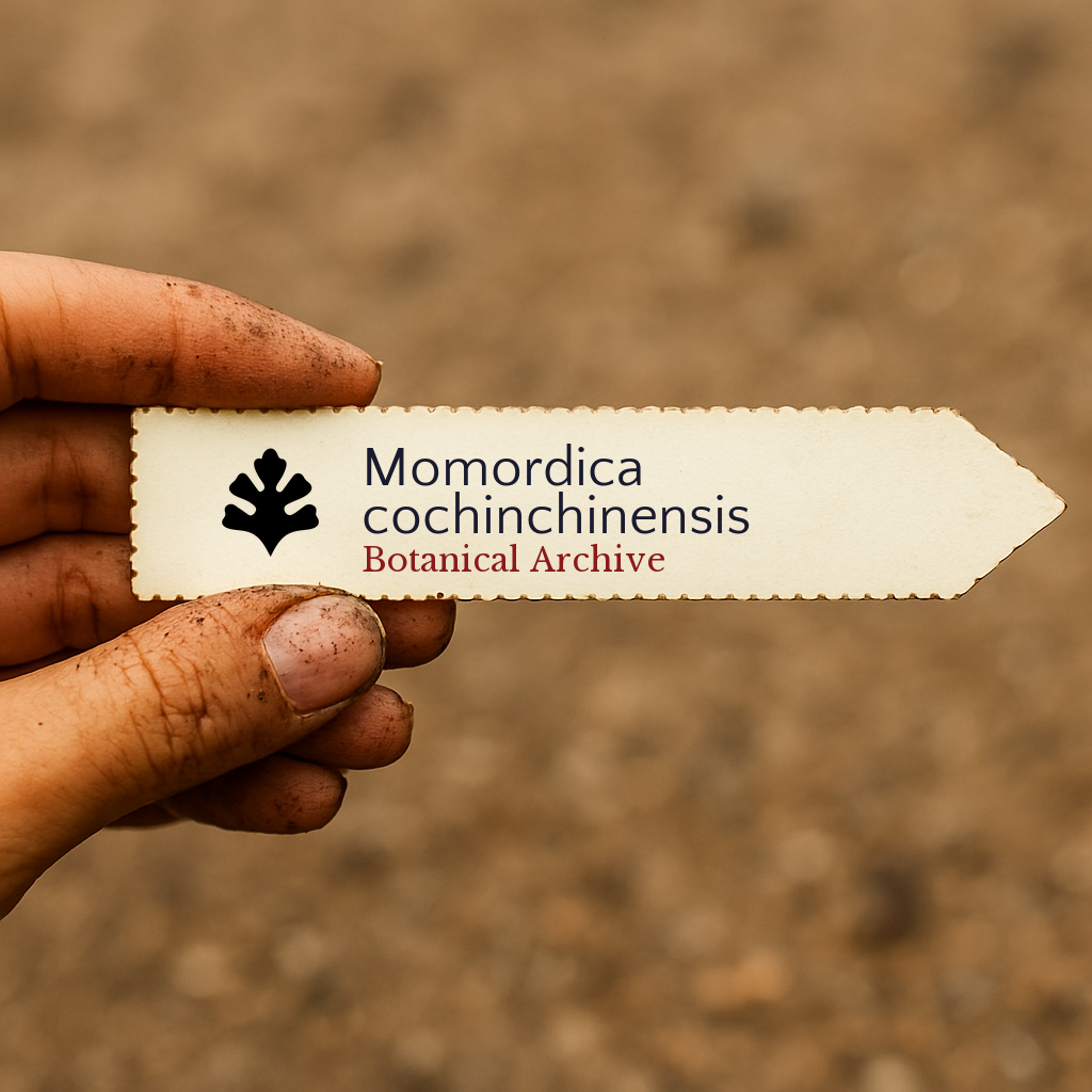 Printed plant label for Momordica cochinchinensis held by hand with dirt background