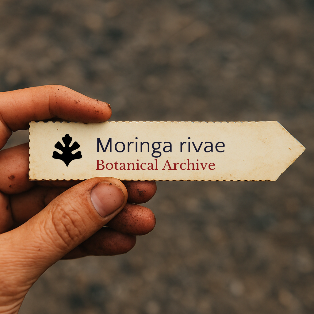Printed plant label for Moringa rivae held by hand with soil background