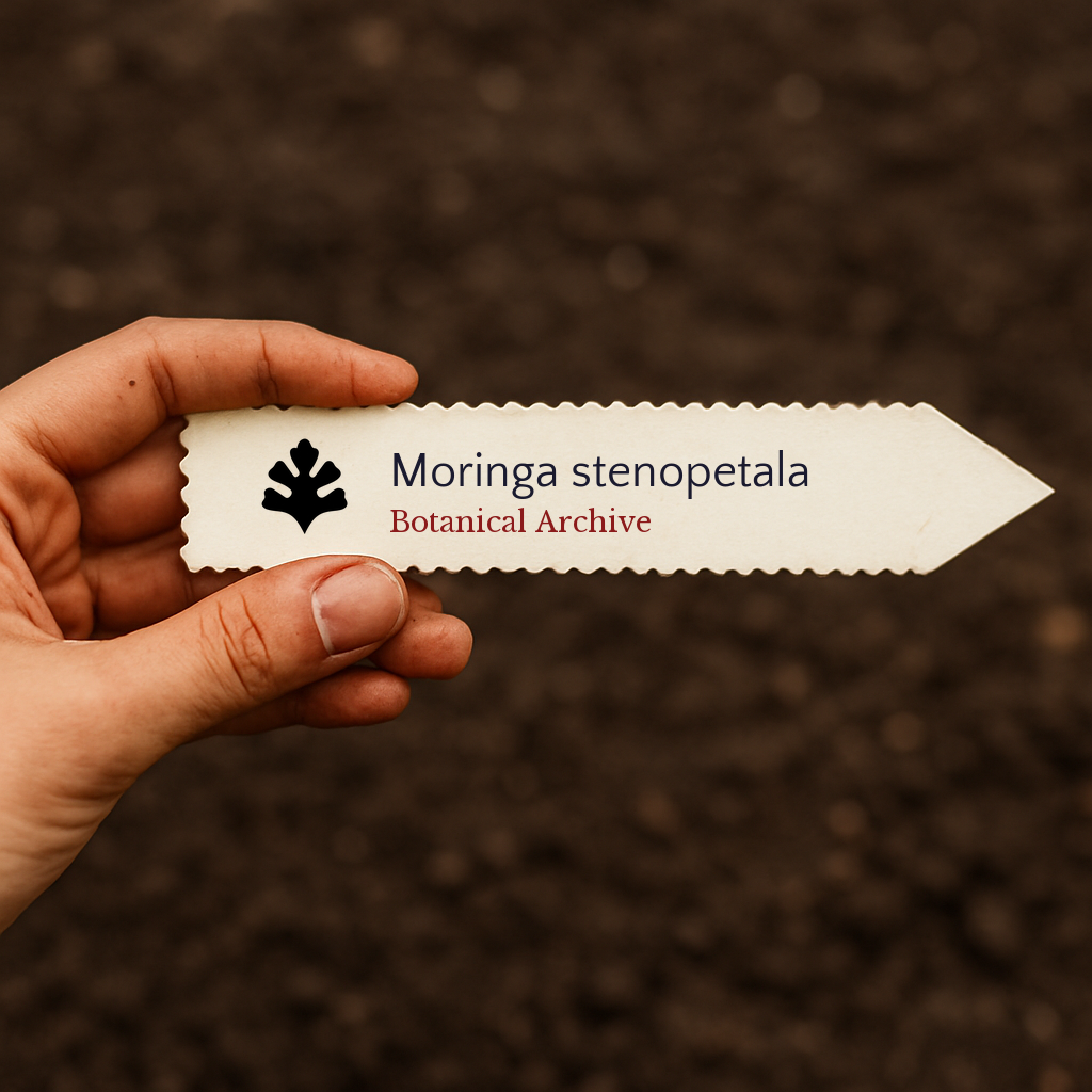Printed plant label for Moringa stenopetala with botanical archive logo held over soil background
