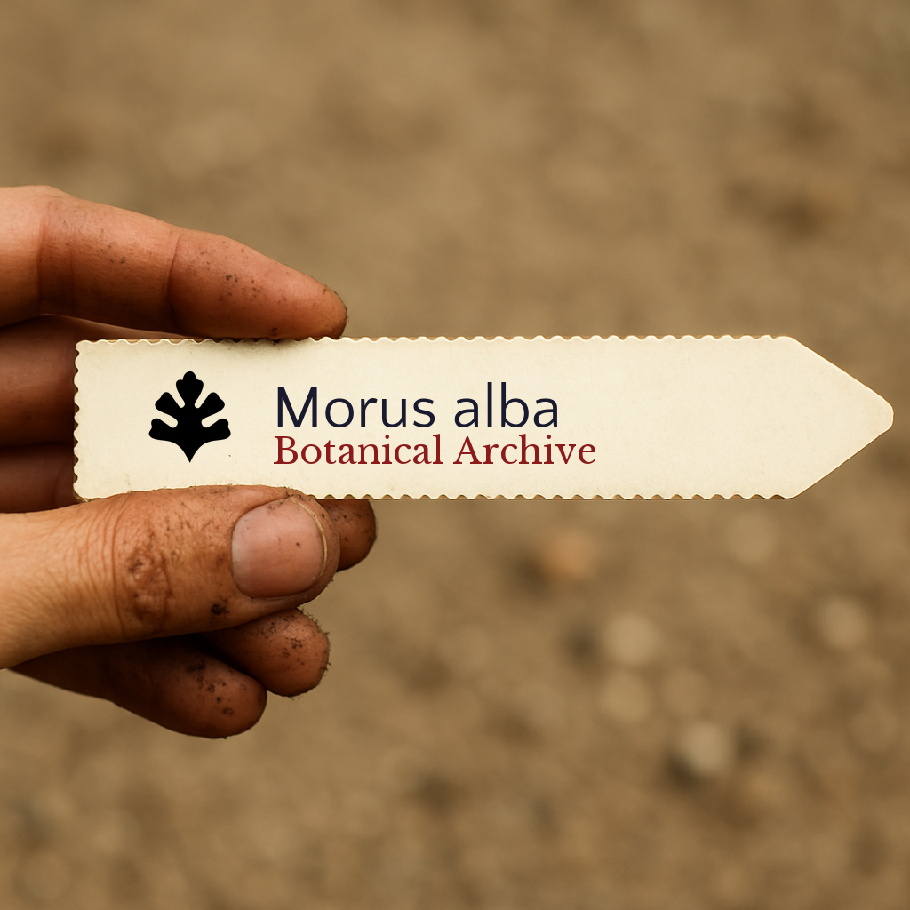 Printed plant label for Morus alba held by dirty hand over soil background
