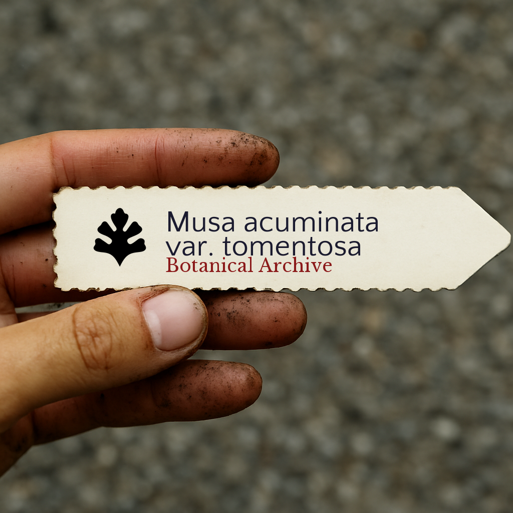 Printed plant label for Musa acuminata var. tomentosa held by dirty hand outdoors