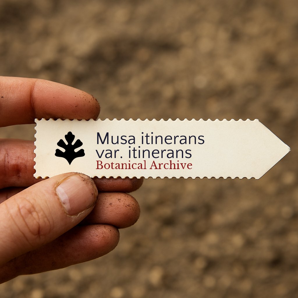 Printed plant label for Musa itinerans var. itinerans held by hand over soil background