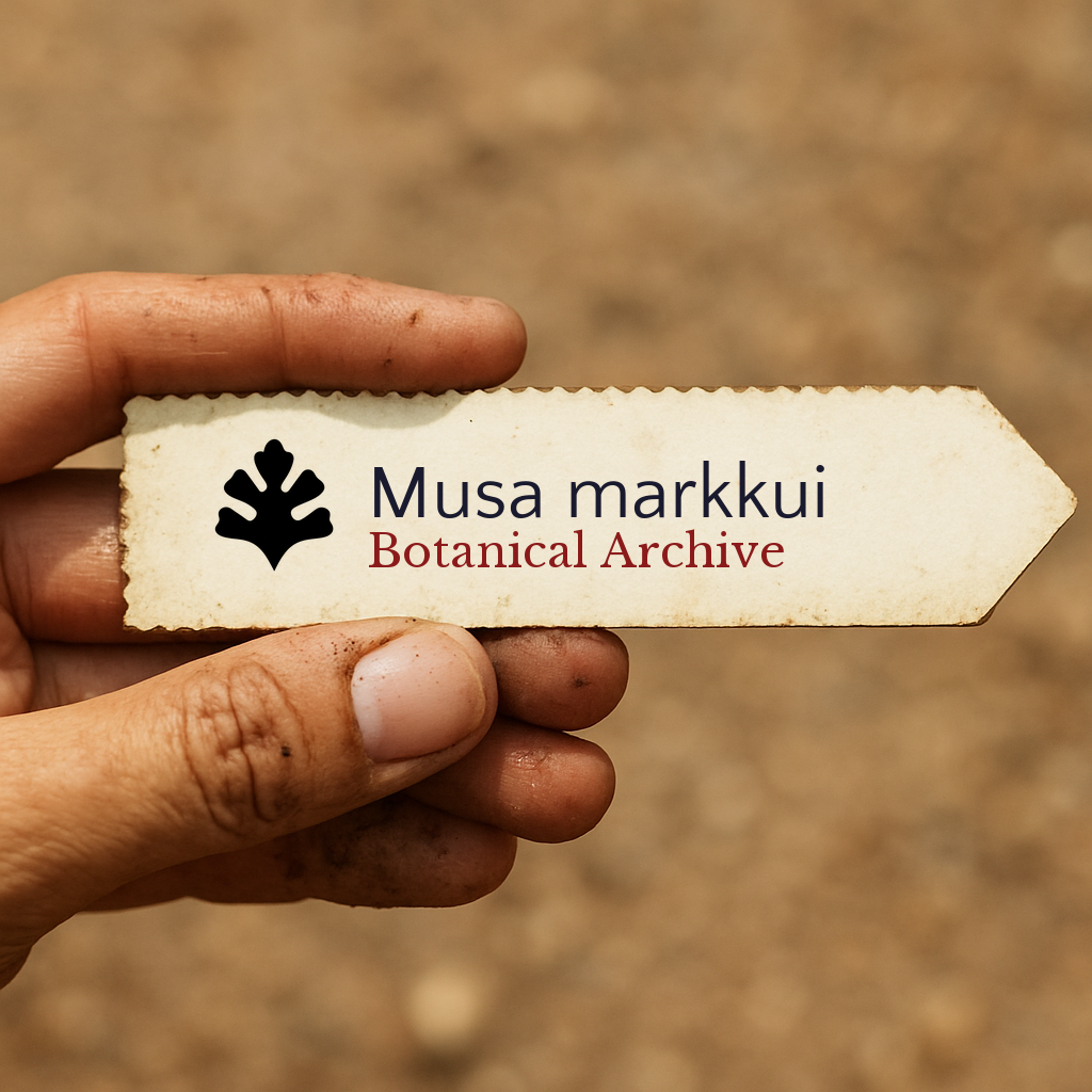 Printed plant label for Musa markkui held by hand with dirt background