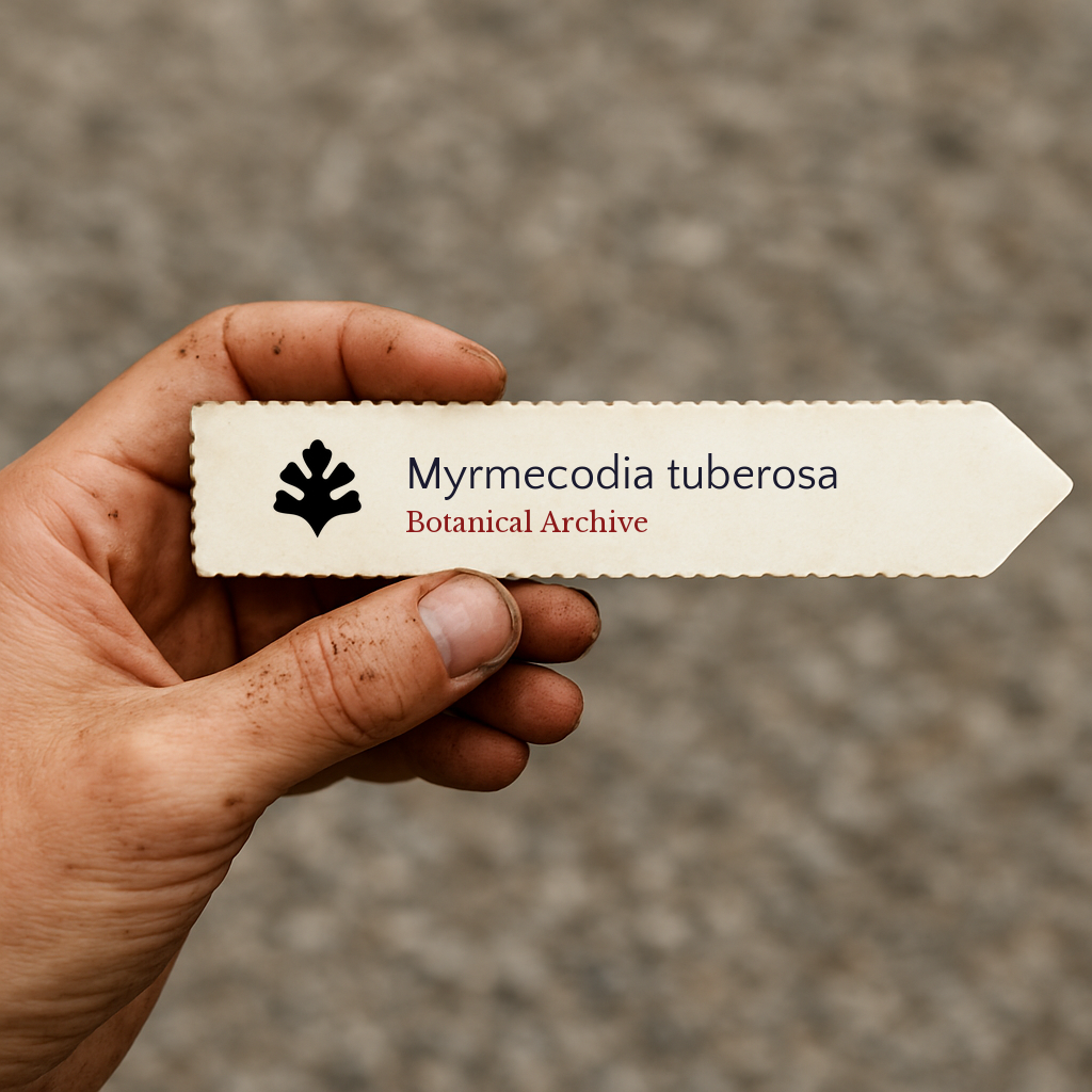 Étiquette de plante imprimée pour Myrmecodia tuberosa tenue à la main avec un fond de terre
