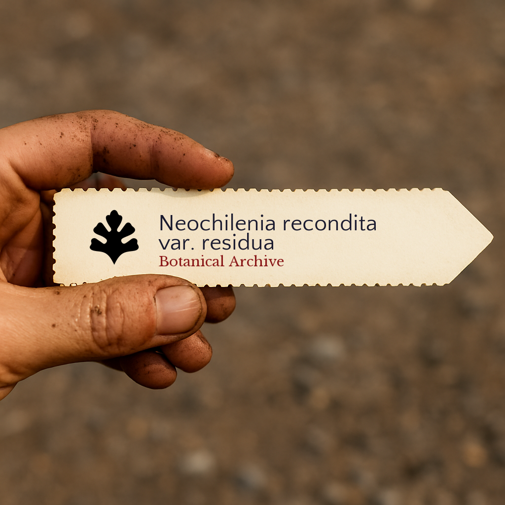 Trykt planteetikett for Neochilenia recondita var. residua holdt av en skitten hånd utendørs