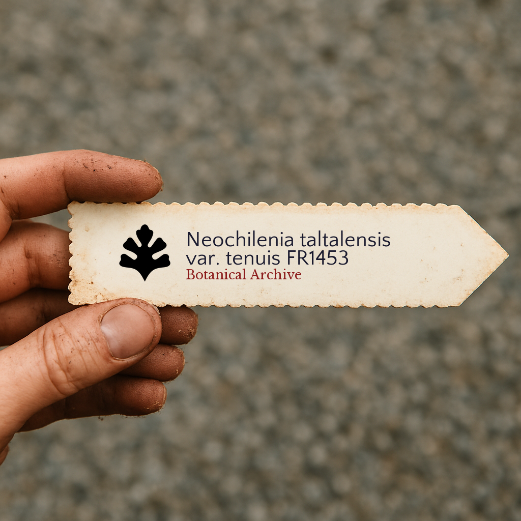 Printed plant label for Neochilenia taltalensis var. tenuis held by hand with dirt background