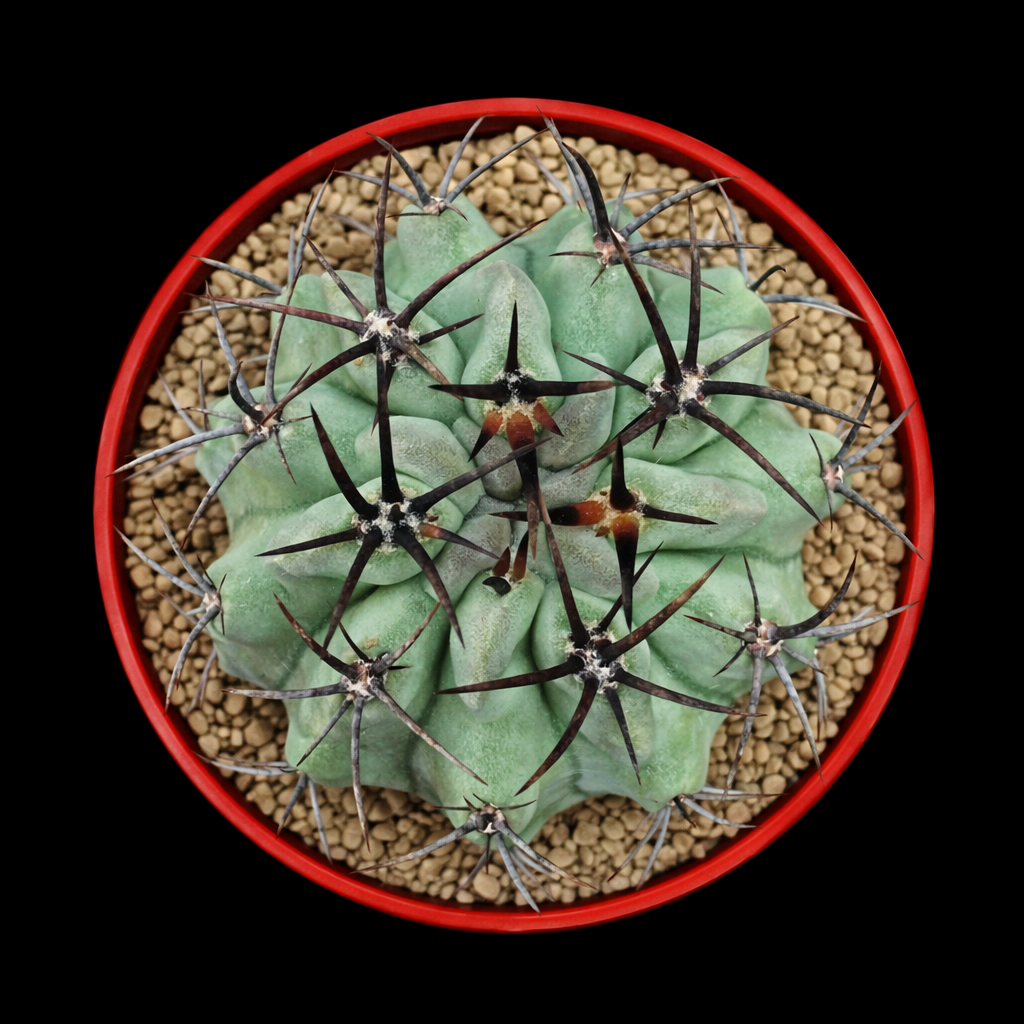 Neochilenia paucicostata var. viridis vetplant cactus met dikke groene ribben en lange donkere stekels in een rode pot