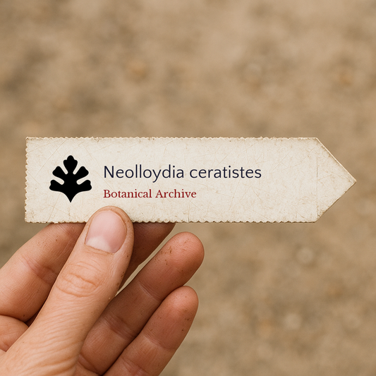 Printed plant label for Neolloydia ceratistes held by hand on textured paper background
