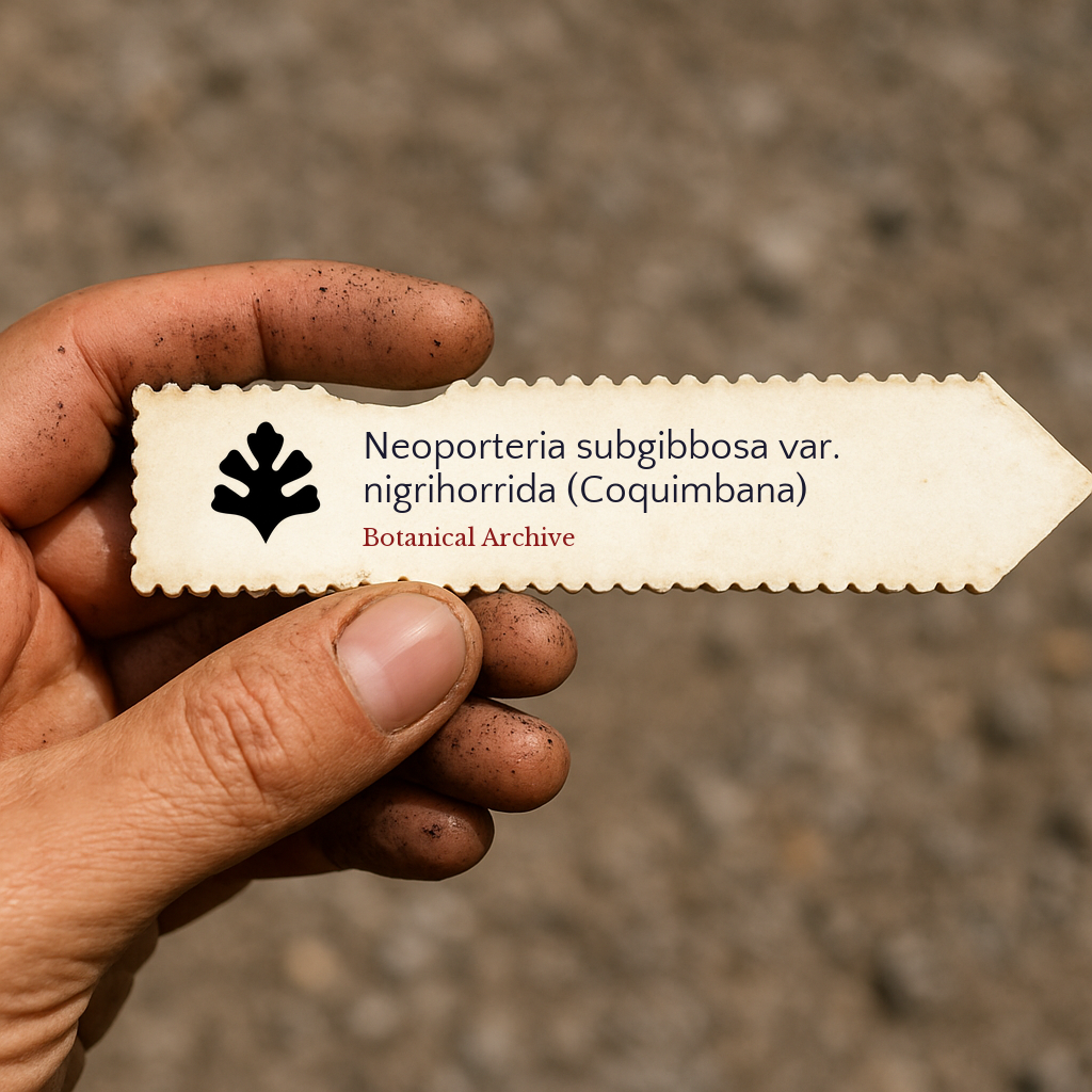 Tragbares Vintage-Pflanzenschild für Neoporteria subgibbosa var. nigrihorrida mit Botanical Archive Logo