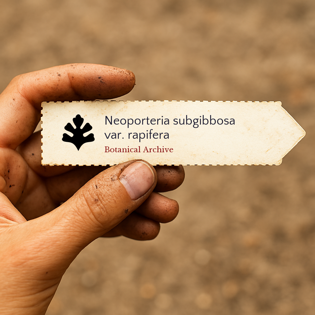 Bedrucktes Pflanzenetikett für Neoporteria subgibbosa var. rapifera, gehalten von schmutziger Hand im Freien