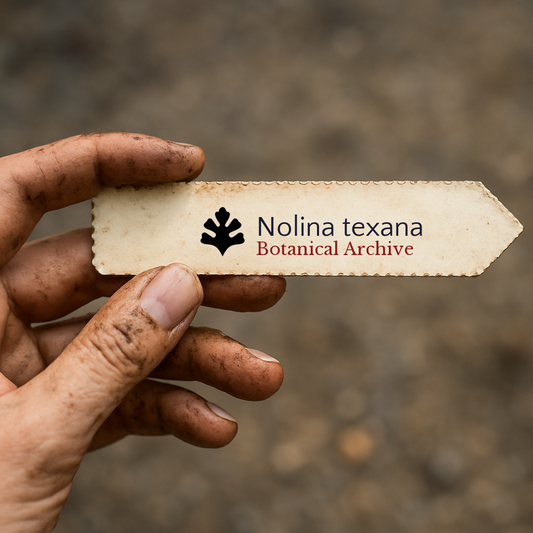 Vintage botanical archive label for Nolina texana held by dirty hand