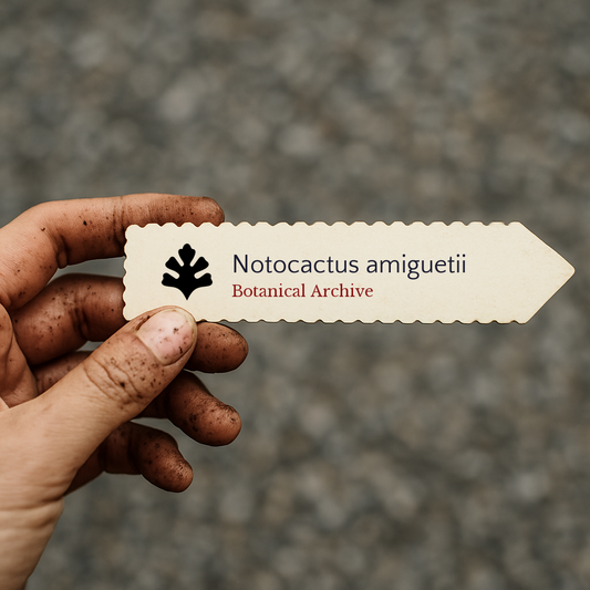 Printed plant label for Notocactus amiguetii held by dirty hand against blurred background