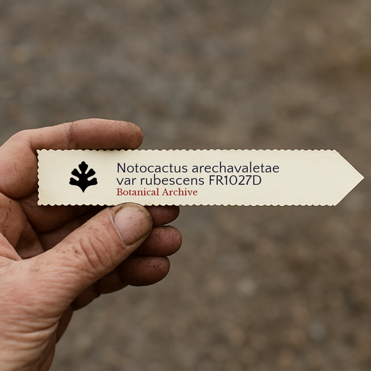 Printed plant label for Notocactus arechavaletae var rubescens held in hand outdoors